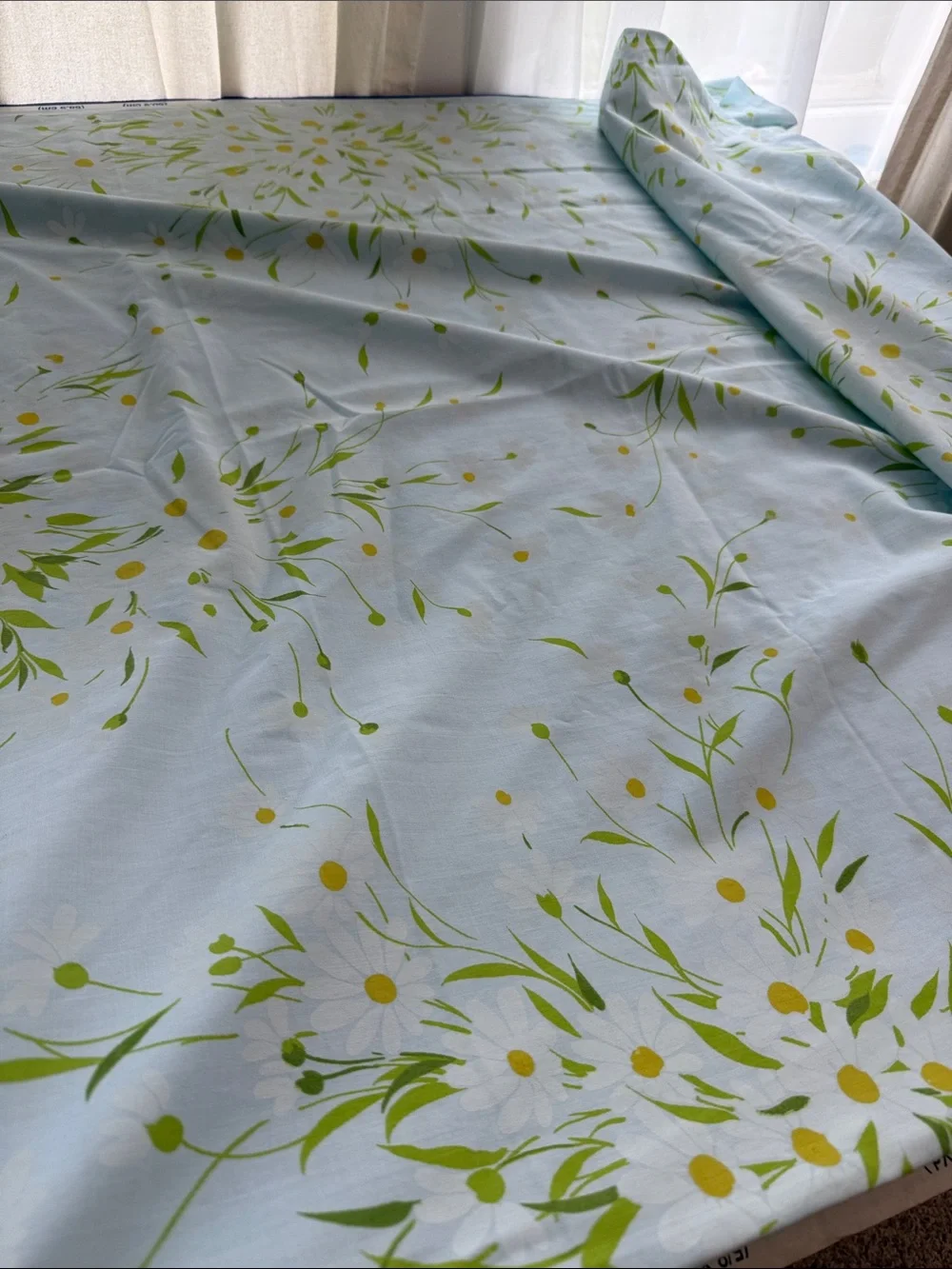 Vintage Morgan Jones Daisy Floral Flat Sheet Fabric 1970s Blue White No Iron